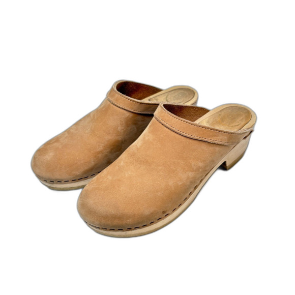 WEAR IN GOOD HEALTH Tan Suede Wood Clogs Womens Size EU 40/US 8-8.5 - Picture 3 of 8